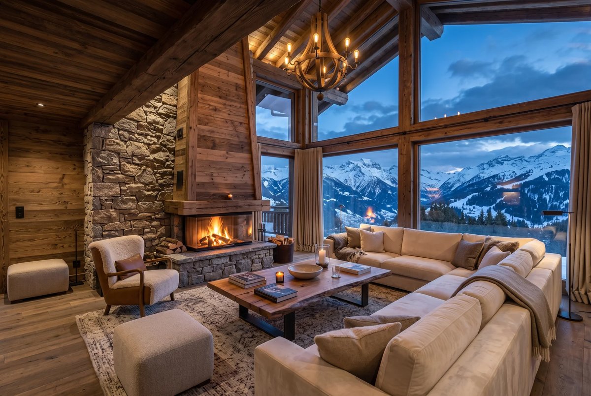 Salon de chalet de montagne avec cheminée, poutres apparentes et vue sur les Alpes