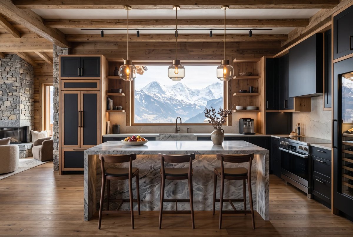 Cuisine ouverte du chalet avec îlot central en marbre et vue sur les sommets