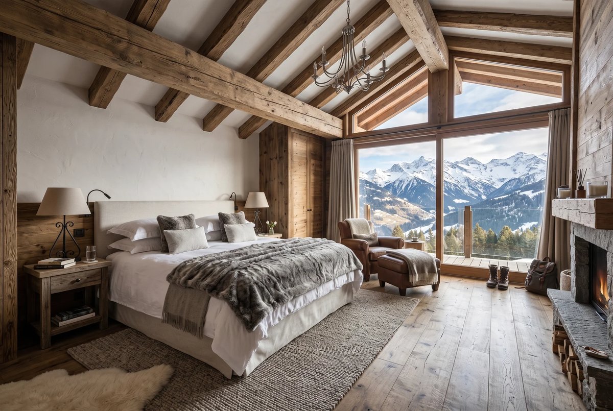 Chambre du chalet avec cheminée, accès terrasse et vue sur la montagne