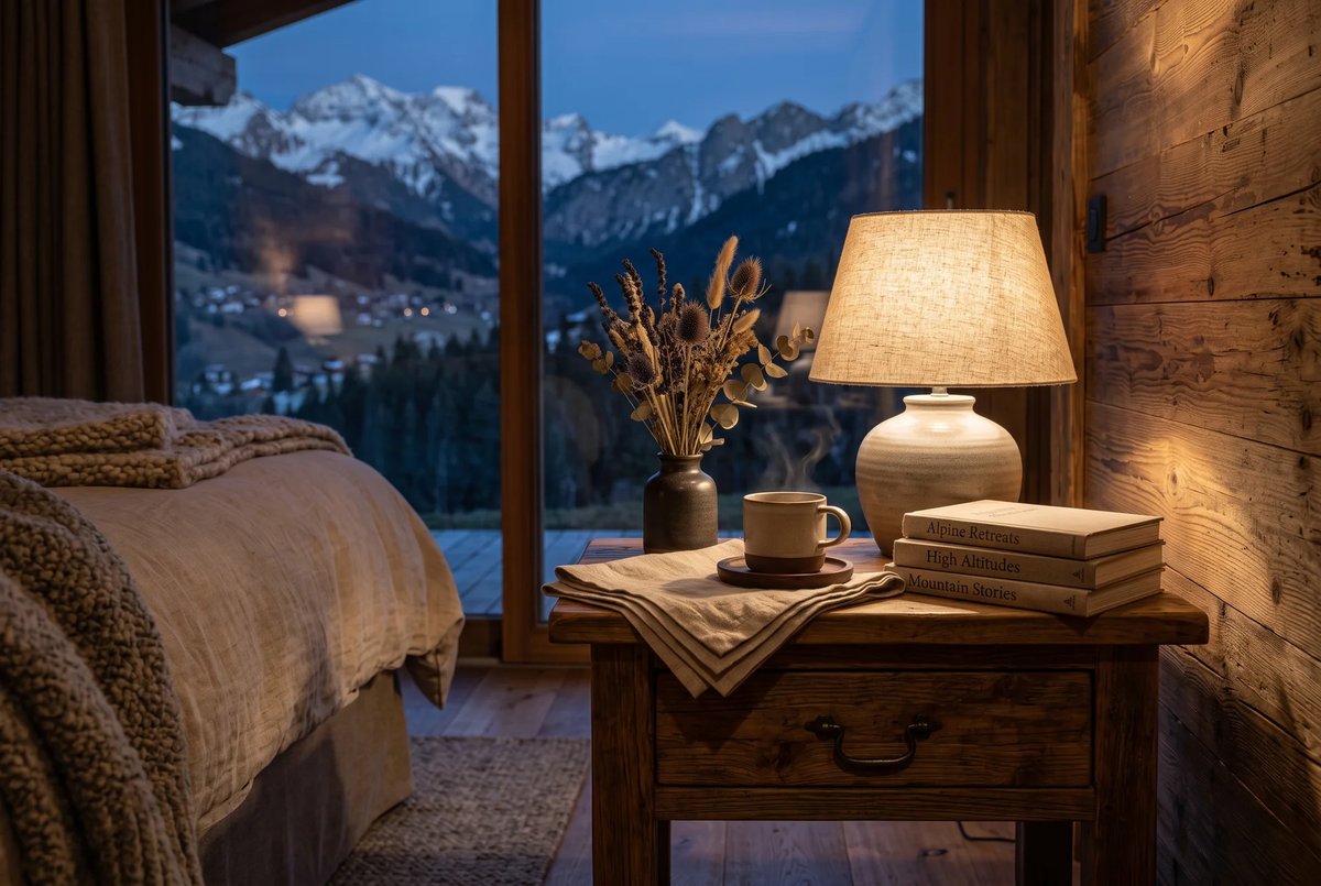 Table de nuit en bois ancien avec lampe, livres et vue nocturne sur la vallée